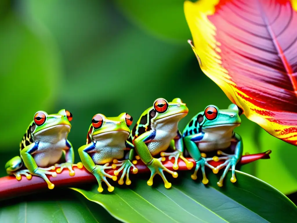 Grupo de ranas arborícolas coloridas en hojas verdes vibrantes, comunicación animal bioacústica en anfibios