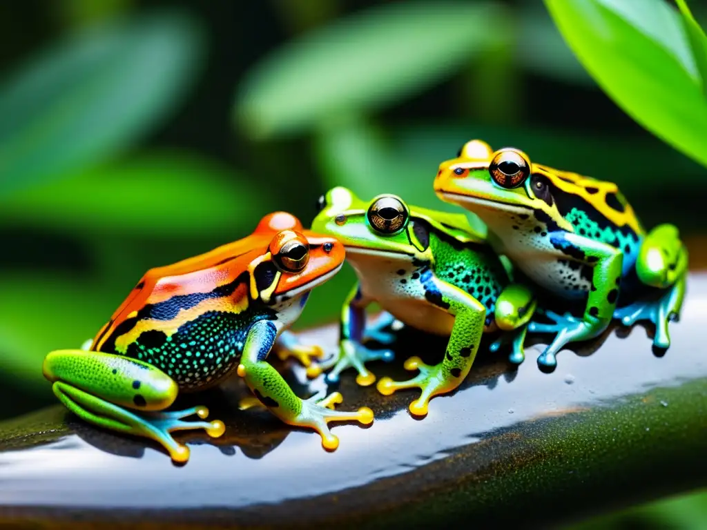 Un grupo de ranas de colores brillantes realizando rituales de cortejo en un exuberante bosque tropical