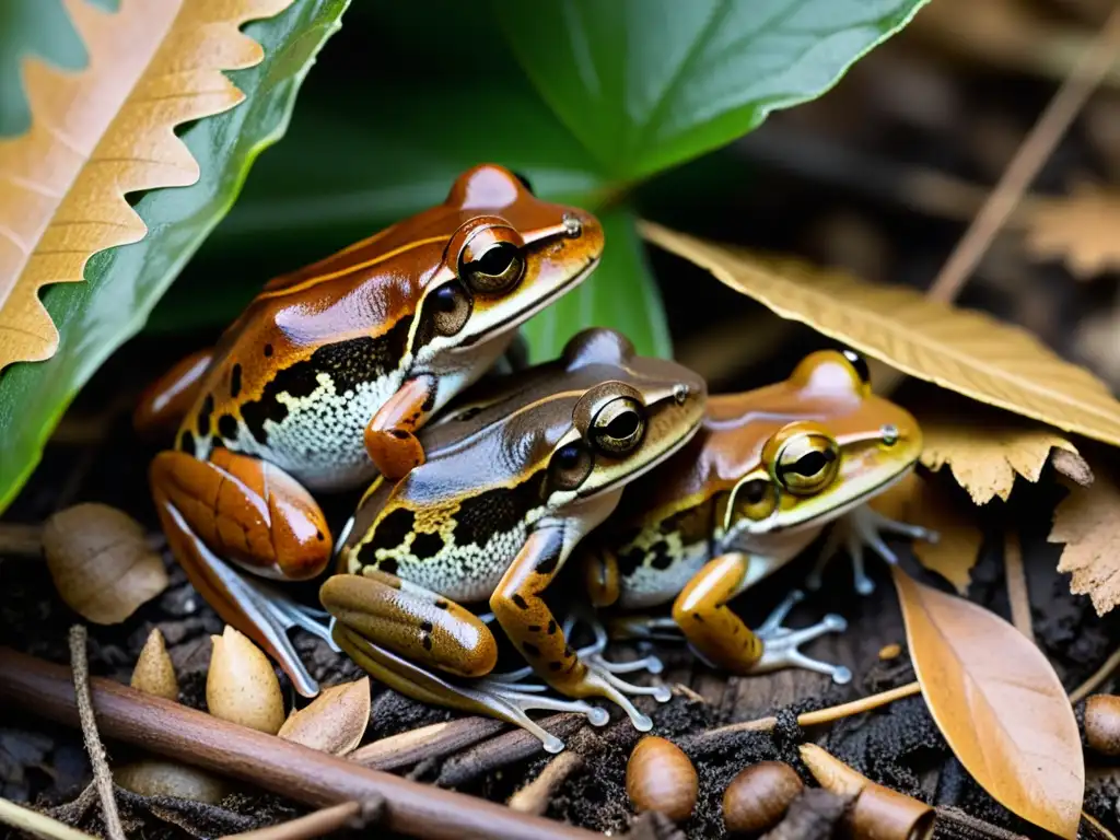 Un grupo de ranas de madera en hibernación invernal, con piel marrón terroso, descansando entre la hojarasca