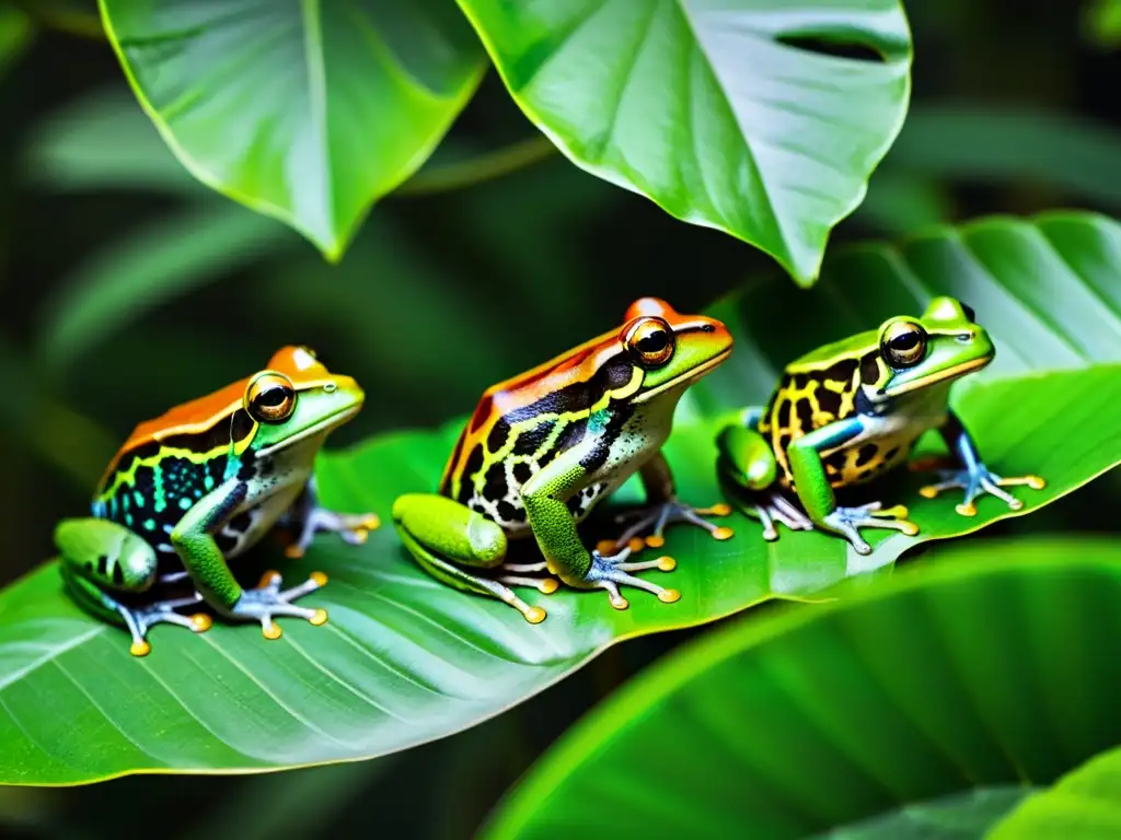 Un grupo de ranas tropicales en hojas verdes vibrantes en la selva