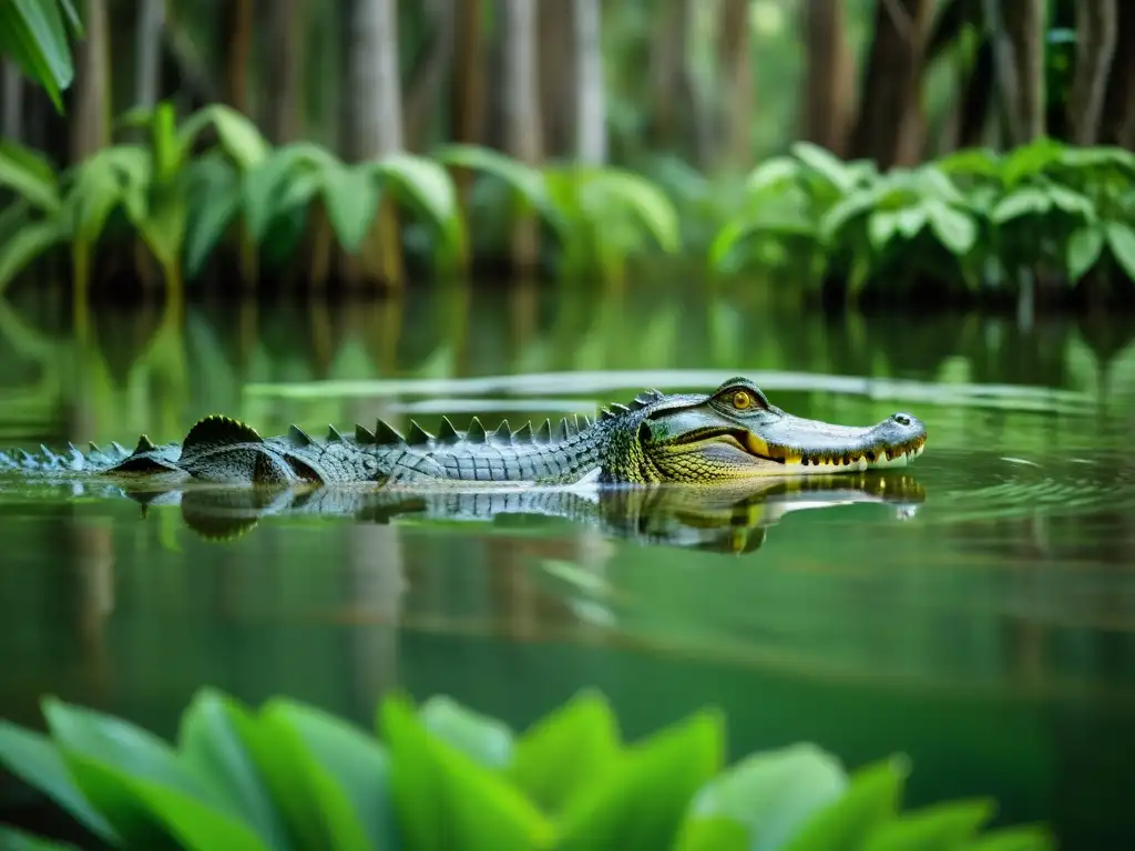 Un grupo de reptiles acuáticos, como cocodrilos o caimanes, nadando en un bosque inundado