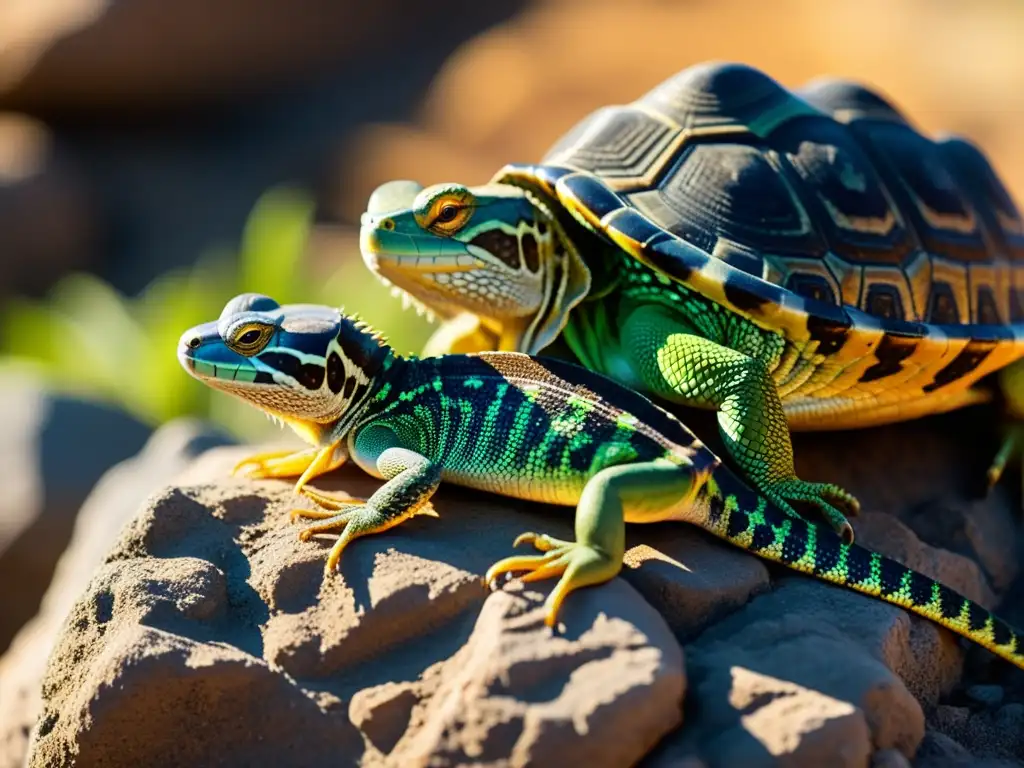 Grupo de reptiles adaptados al cambio climático, basking en el sol sobre rocas