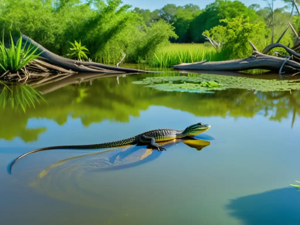 Grupo de reptiles adaptados a entornos inundados, con detalles realistas de su hábitat acuático