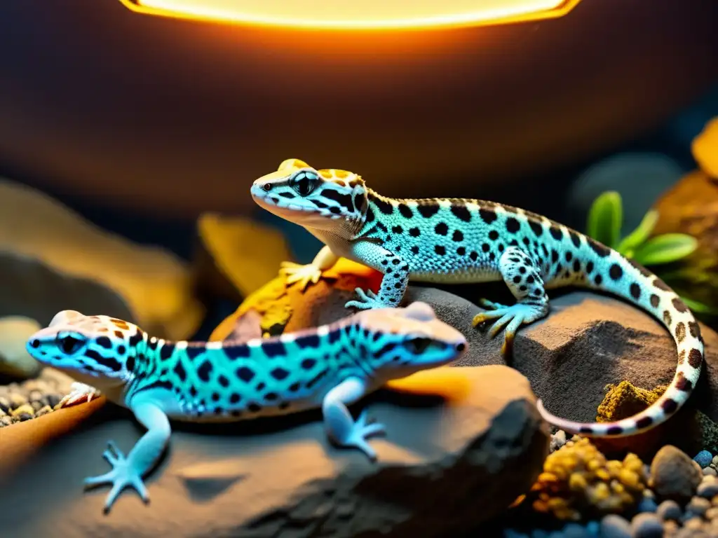 Grupo de reptiles adaptados al frío disfrutando del calor de una lámpara en su hábitat natural