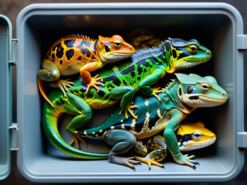 Un grupo de reptiles y anfibios en contenedor de contrabando, reflejando la triste realidad del tráfico ilegal de estos animales