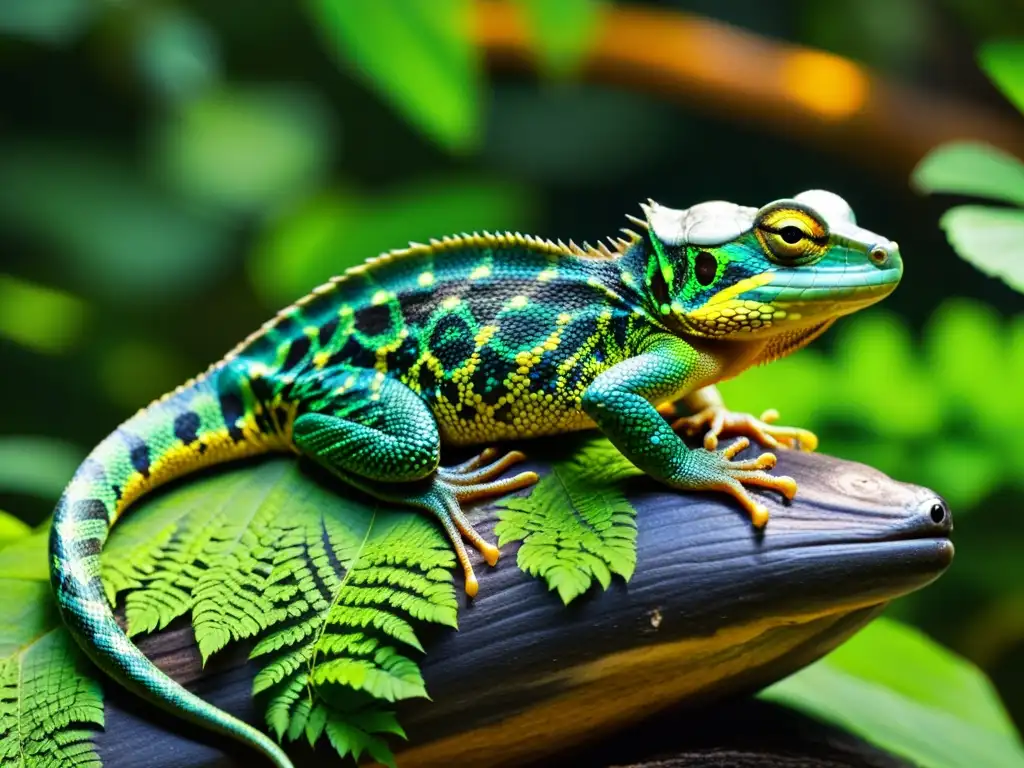 Reptiles y Anfibios Exóticos en su Hábitat Natural Grupo de reptiles y anfibios exóticos en su hábitat natural, rodeados de exuberante vegetación y luz filtrada