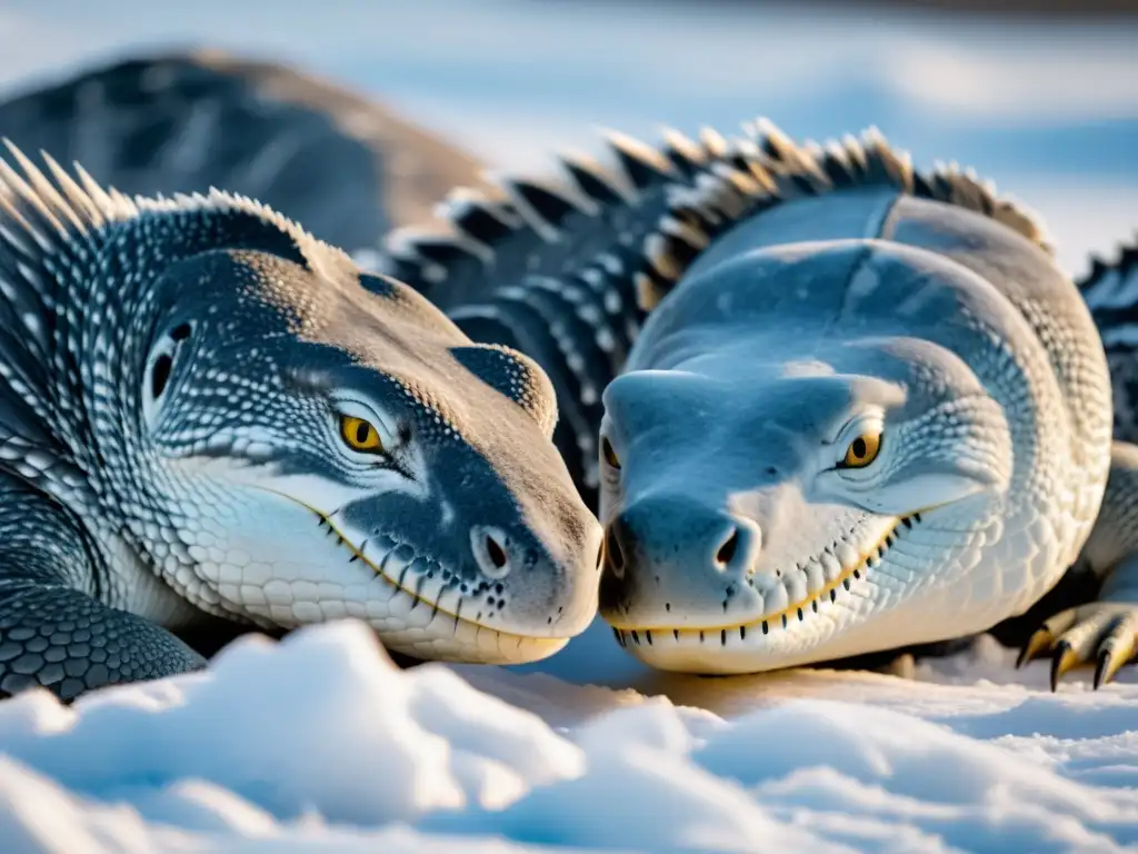 Reptiles Árticos: Detalles Escalofriantes en la Nieve Un grupo de reptiles árticos se reúne en la nieve, mostrando sus adaptaciones al frío extremo