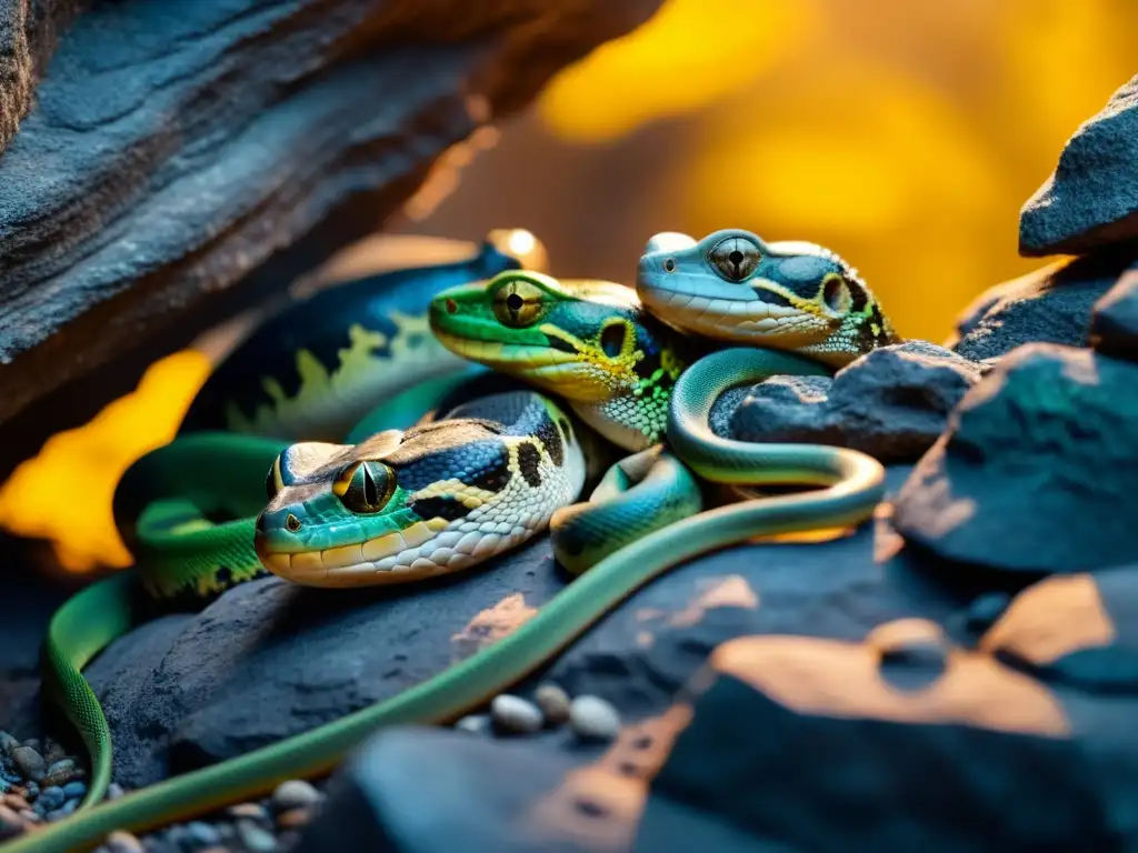 Un grupo de reptiles en hibernación y brumación, reunidos en una cueva rocosa con condensación, en una imagen de alta definición