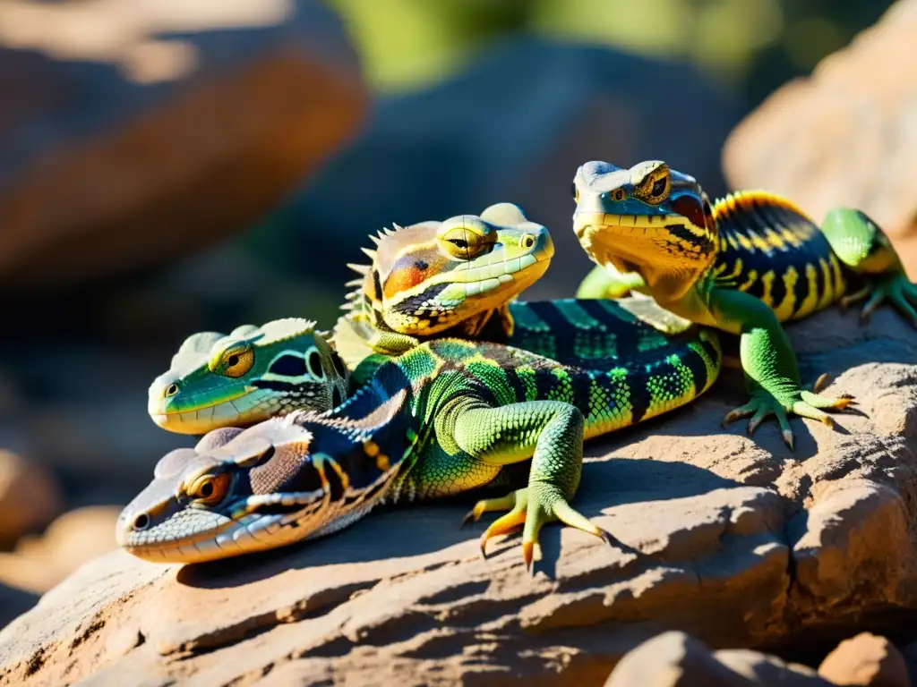 Un grupo de reptiles disfruta del cálido sol en un afloramiento rocoso, mostrando sus asombrosos colores y texturas