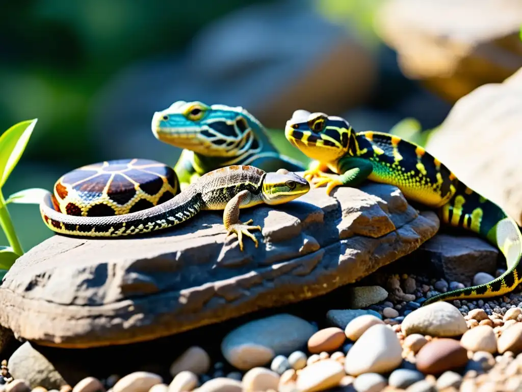 Grupo de reptiles adaptándose al cambio climático, disfrutando del sol en un paisaje rocoso con vegetación variada al fondo