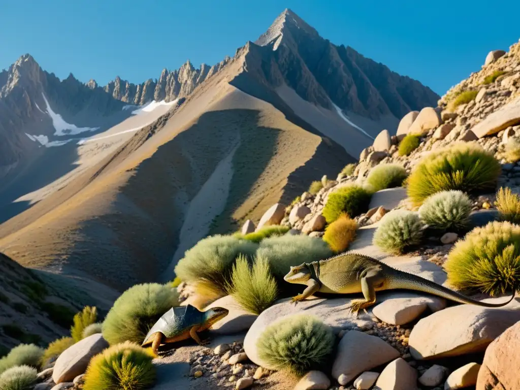 Grupo de reptiles camuflados entre rocas en altitudes altas, mostrando adaptación al entorno