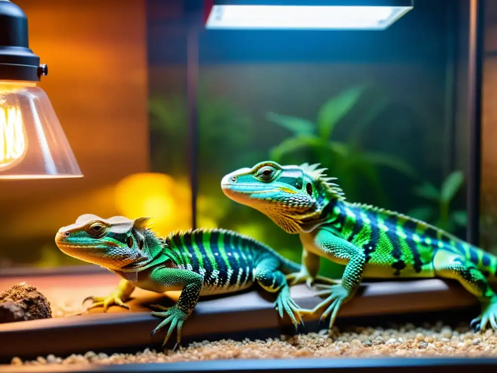 Un grupo de reptiles cautivos interactuando bajo una lámpara de calor, mostrando patrones y texturas en sus escamas