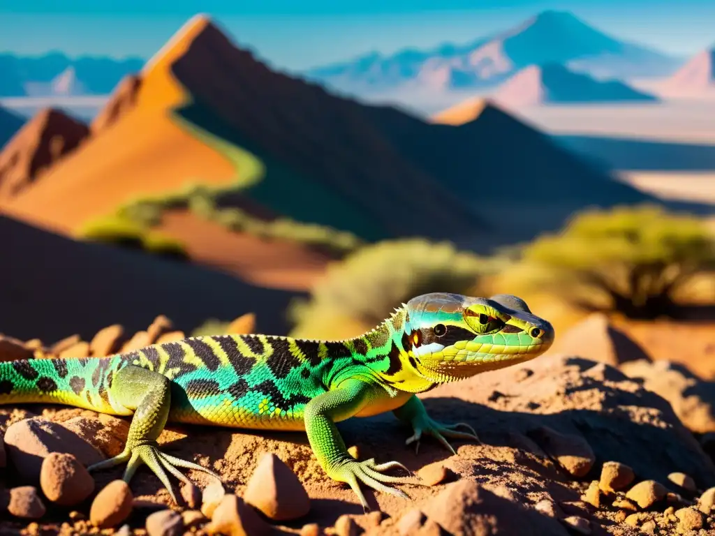 Un grupo de reptiles de colores vivos atraviesa un paisaje árido, con escamas brillantes bajo el sol