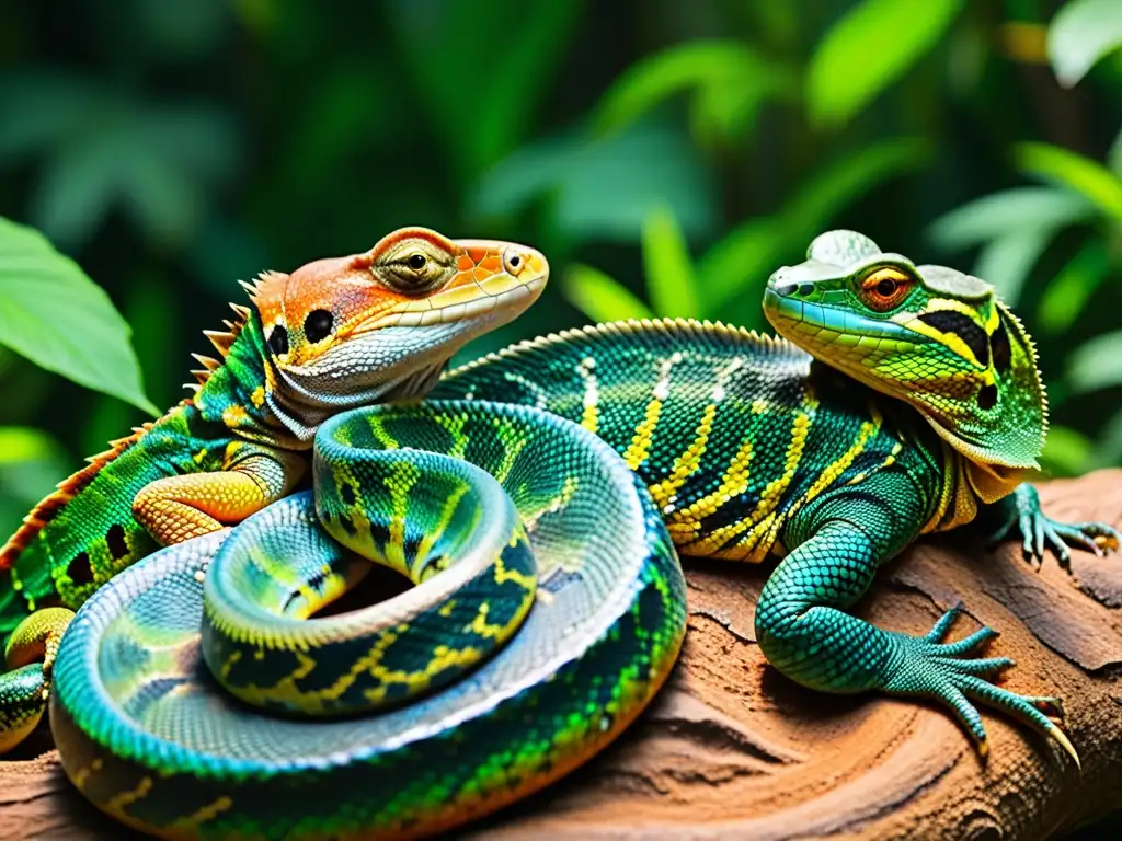 Grupo de reptiles coloridos entrelazados, conviviendo en la selva con escamas brillantes y fondo de exuberante vegetación