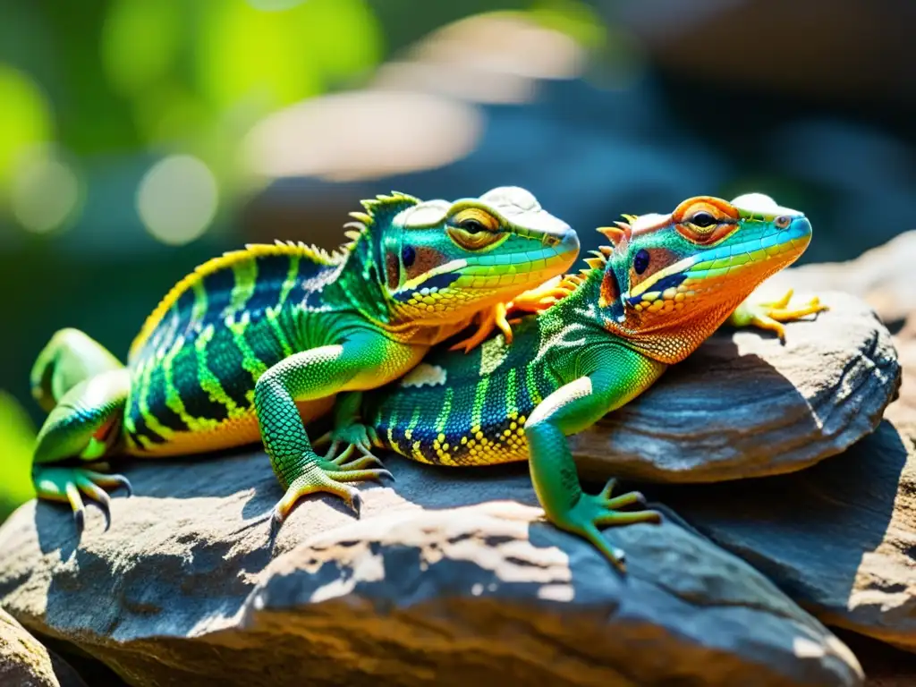 Un grupo de reptiles coloridos descansa en una roca bajo el intenso sol