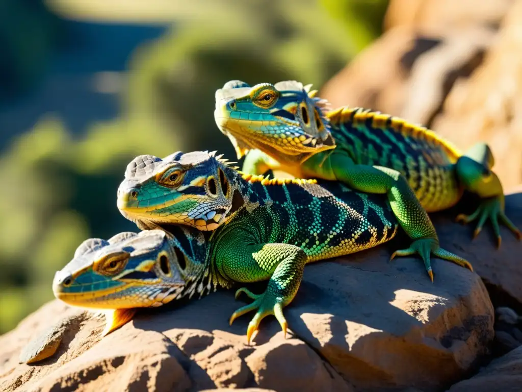 Un grupo de reptiles muestra su comportamiento estático mientras se asolean en una formación rocosa, bajo el cálido sol