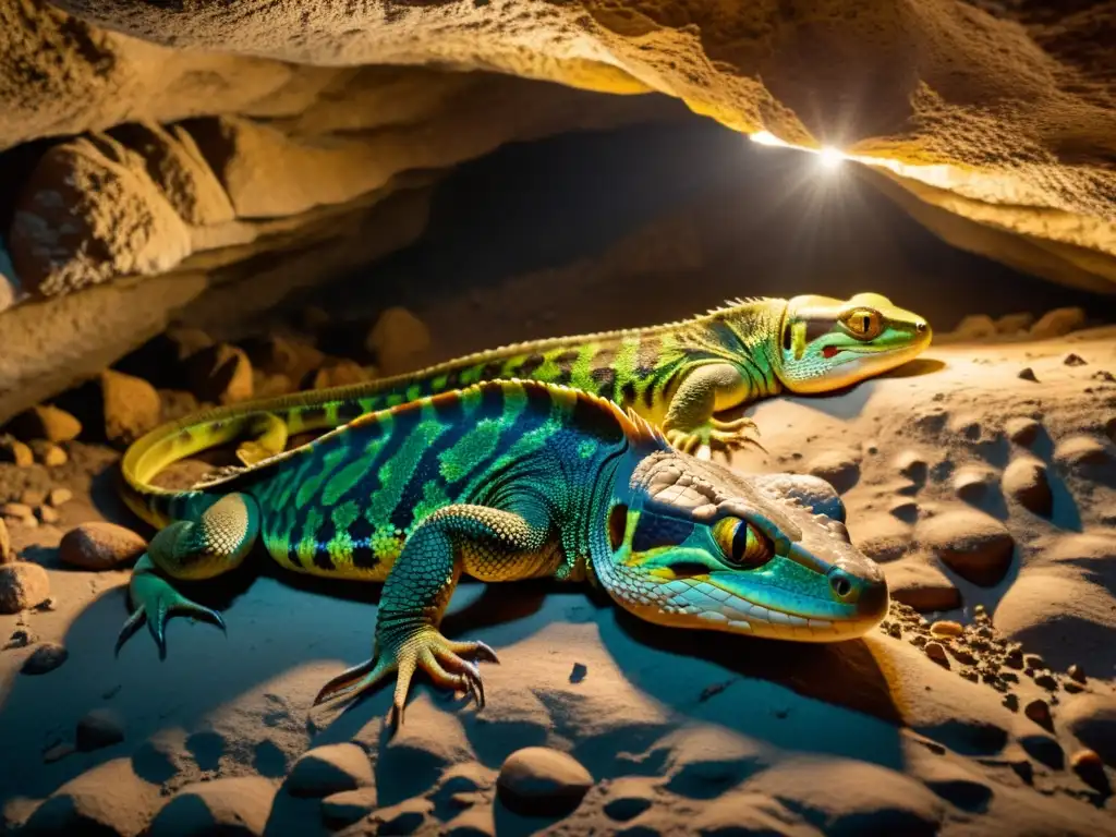 Un grupo de reptiles hibernando en una cueva, mostrando sus patrones y texturas