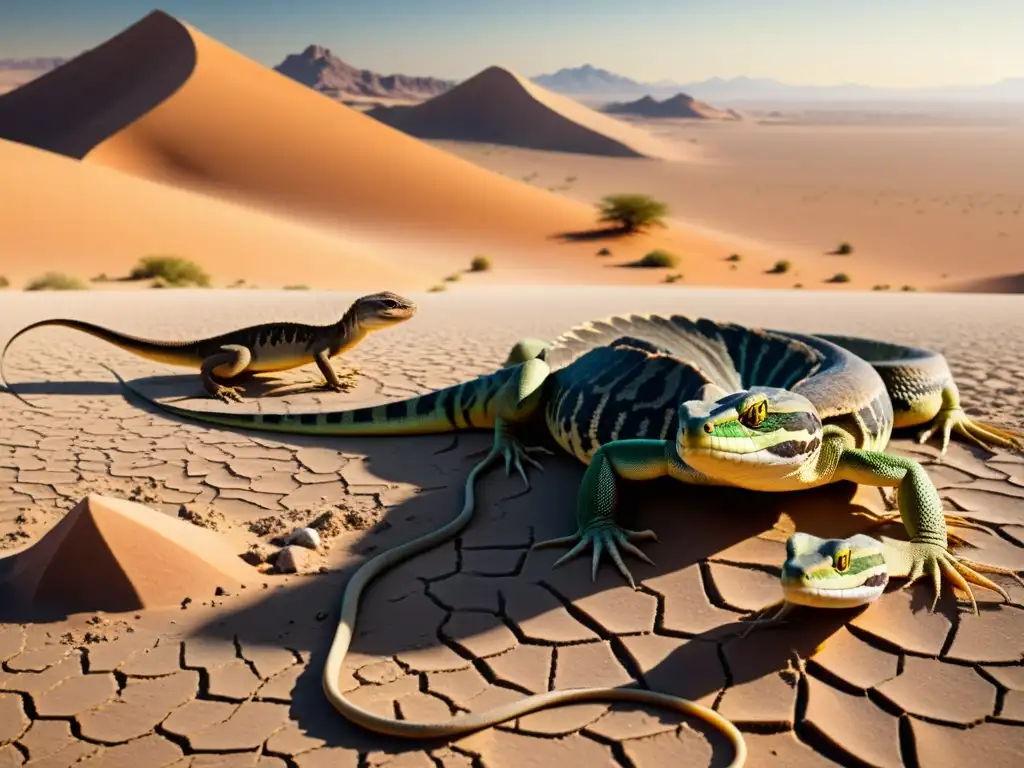 Grupo de reptiles migrando en un desierto árido, luchando por sobrevivir bajo el sol abrasador