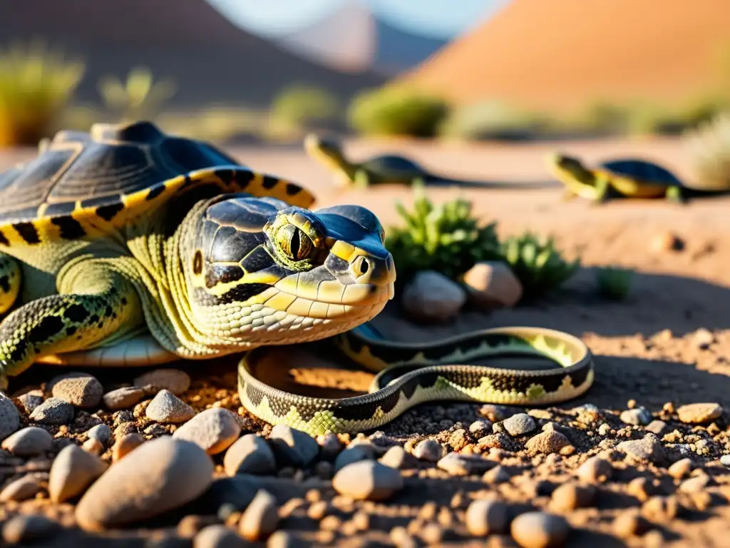 Un grupo de reptiles desplazados por el cambio climático busca refugio en un árido paisaje, mostrando signos de estrés y adaptación