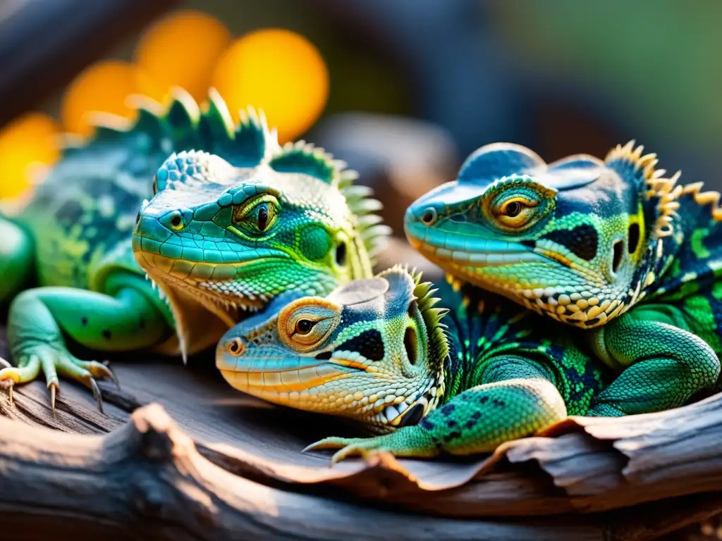 Refugio invernal de reptiles: detalle y calidez Un grupo de reptiles se resguarda en un hábitat invernal, mostrando cuidados específicos para reptiles en invierno