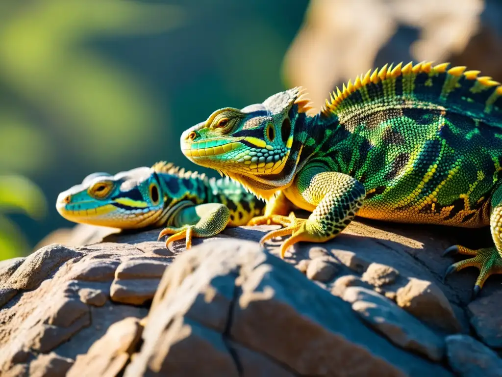 Un grupo de reptiles en su hábitat natural, mostrando sus intrincadas escamas y colores vibrantes