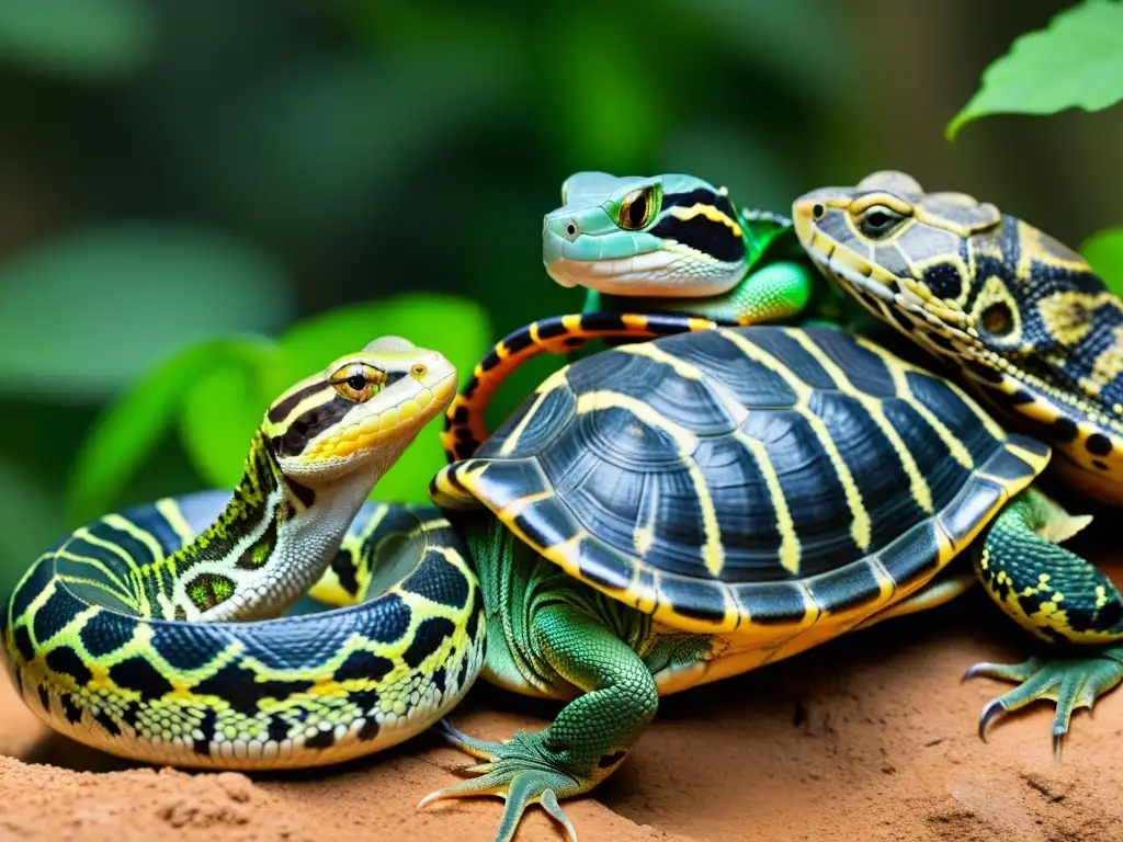 Grupo de reptiles en su hábitat natural, comunicándose a través de señales visuales y auditivas