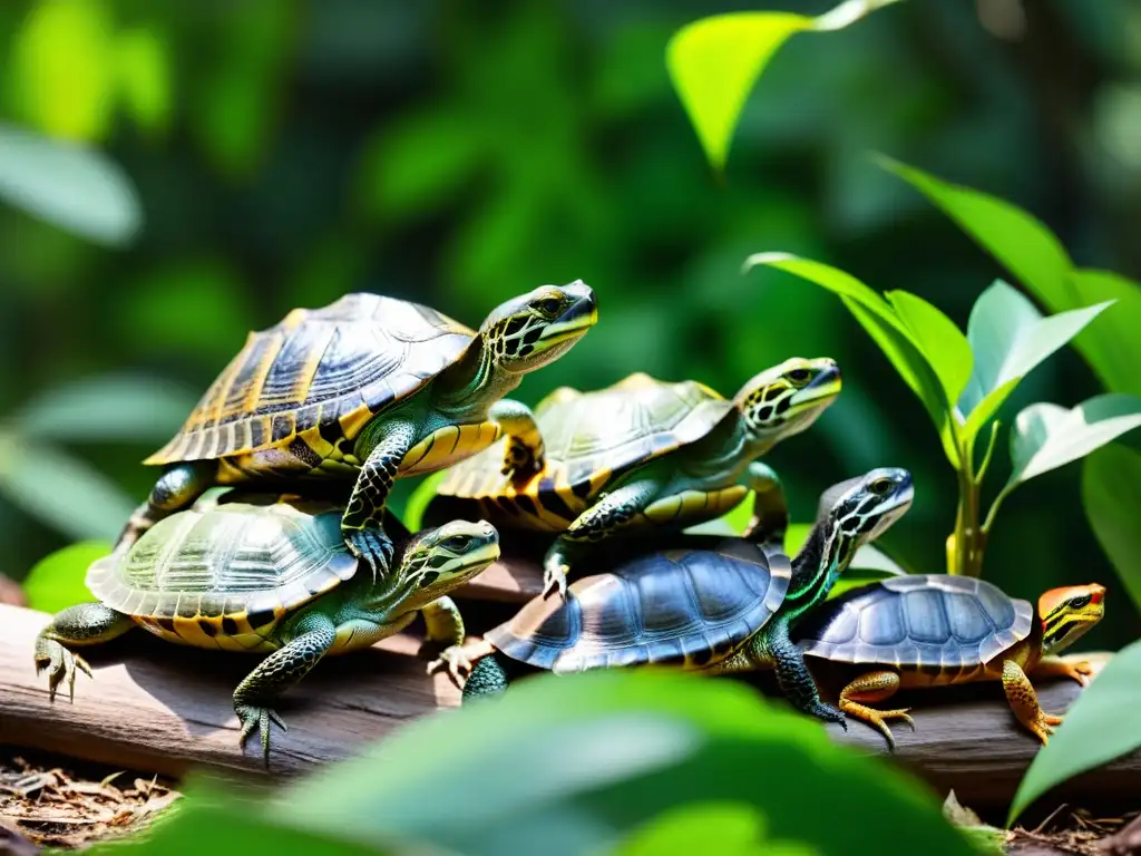 Grupo de reptiles en su hábitat natural, con detalle de escamas y caparazones