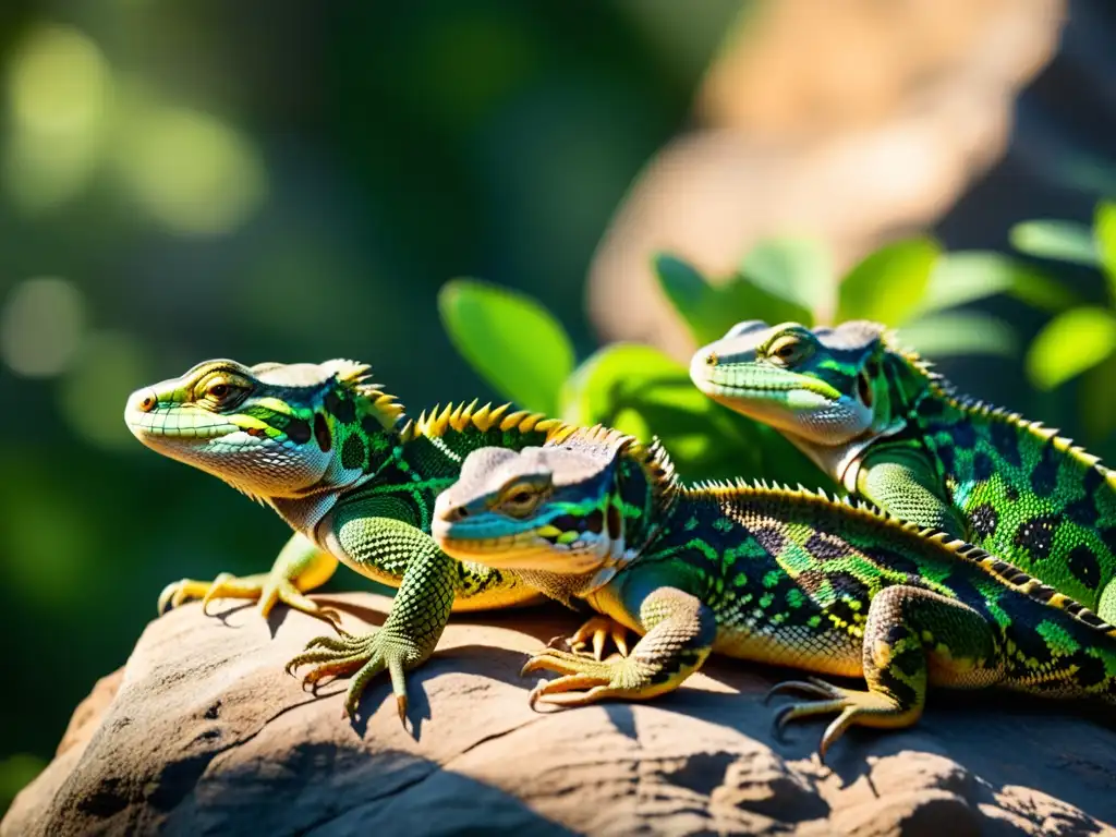 Un grupo de reptiles en peligro de extinción toma el sol en un entorno rocoso rodeado de exuberante vegetación