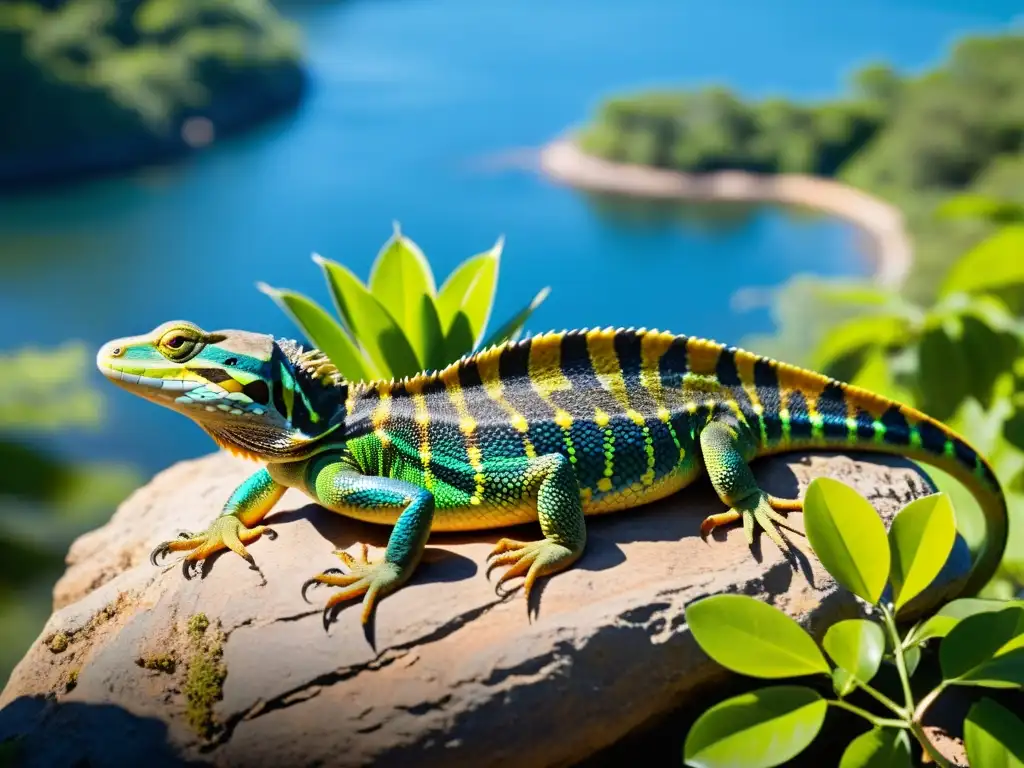 Un grupo de reptiles descansa en una roca al sol, mostrando sus escamas, colores y patrones únicos