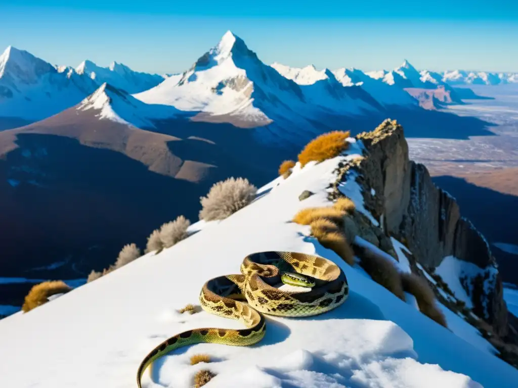 Un grupo de reptiles basking in the sunlight near a snowy mountain peak, destacando el impacto del calentamiento global en su hábitat