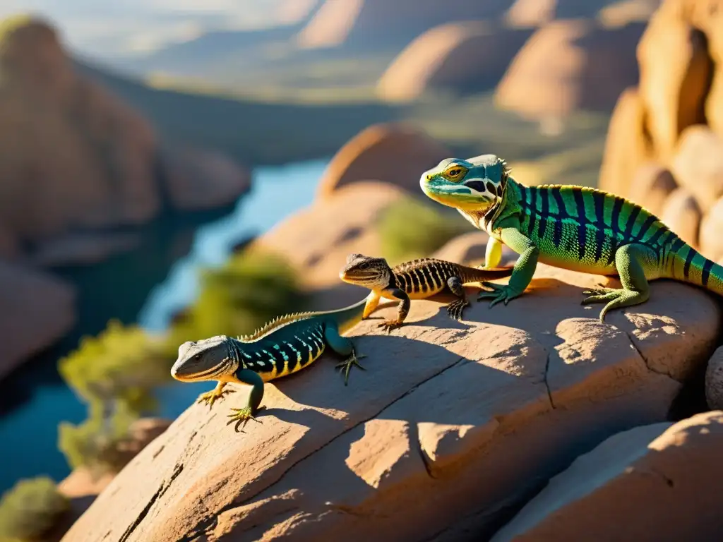 Un grupo de reptiles disfruta del sol en un paisaje rocoso