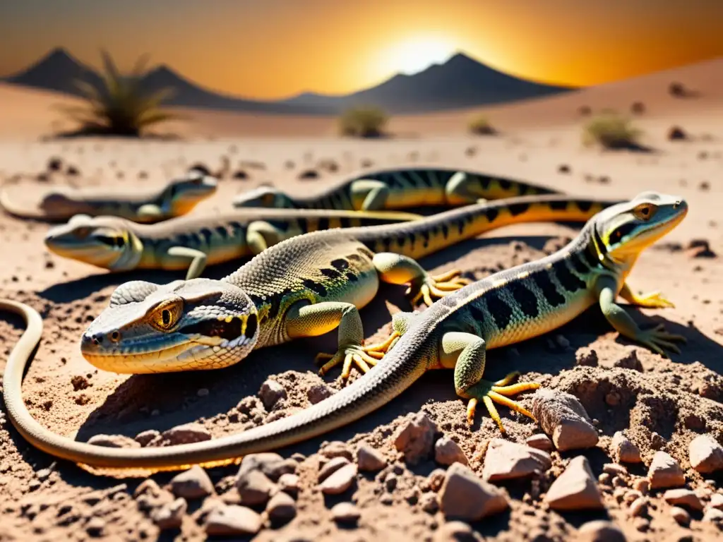 Un grupo de reptiles yace inmóvil en la tierra reseca bajo el sol abrasador