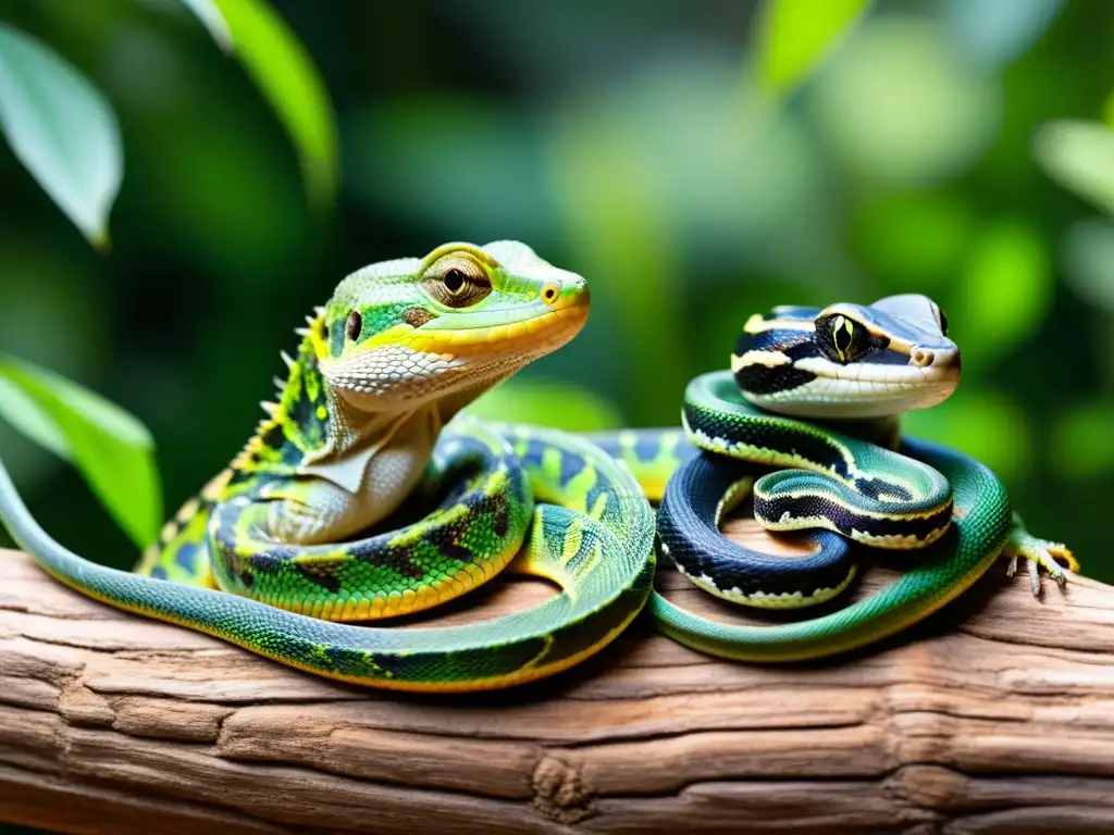 Un grupo de reptiles se comunica a través de feromonas en su hábitat natural, con patrones y texturas detalladas en sus escamas