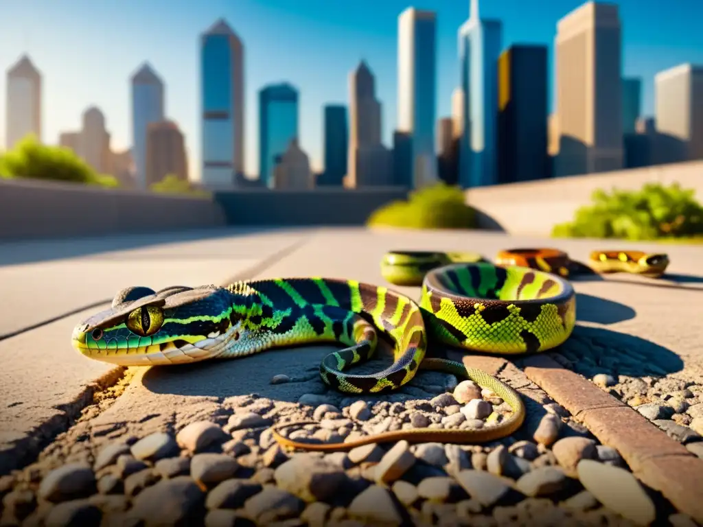 Un grupo de reptiles urbanos descansa al sol en la ciudad, destacando la coexistencia entre la vida silvestre y la metrópolis