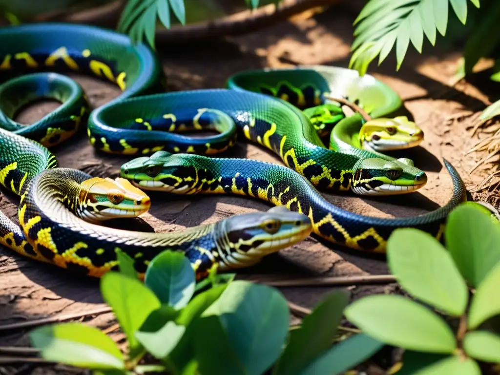 Grupo de reptiles vibrantes en bosque, mostrando belleza y fragilidad