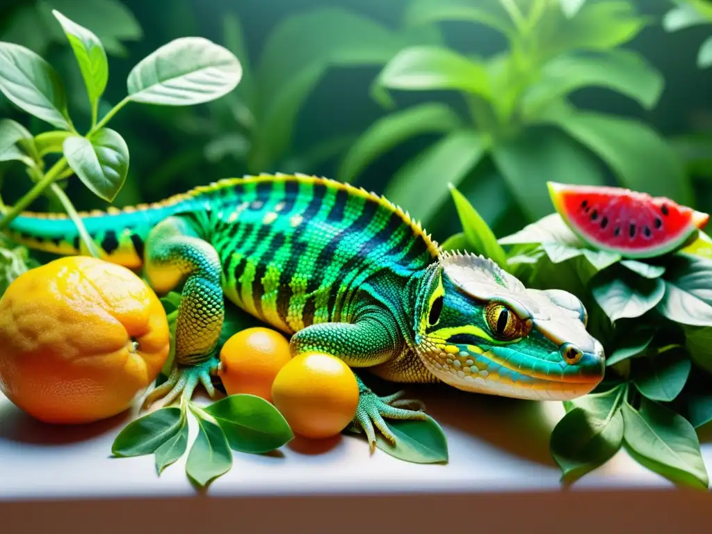 Un grupo de reptiles vibrantes disfruta de una dieta saludable bajo una luz UVB, mostrando su piel saludable y colores vibrantes