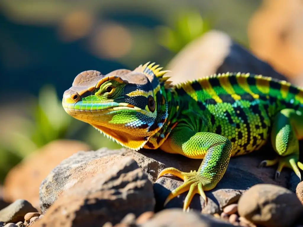 Un grupo de reptiles vibrantes descansando al sol en su hábitat natural en una zona protegida