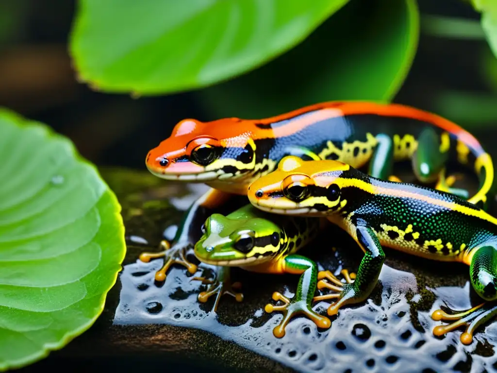 Un grupo de salamandras en su hábitat natural, mostrando sus vibrantes colores y patrones en un arroyo sereno