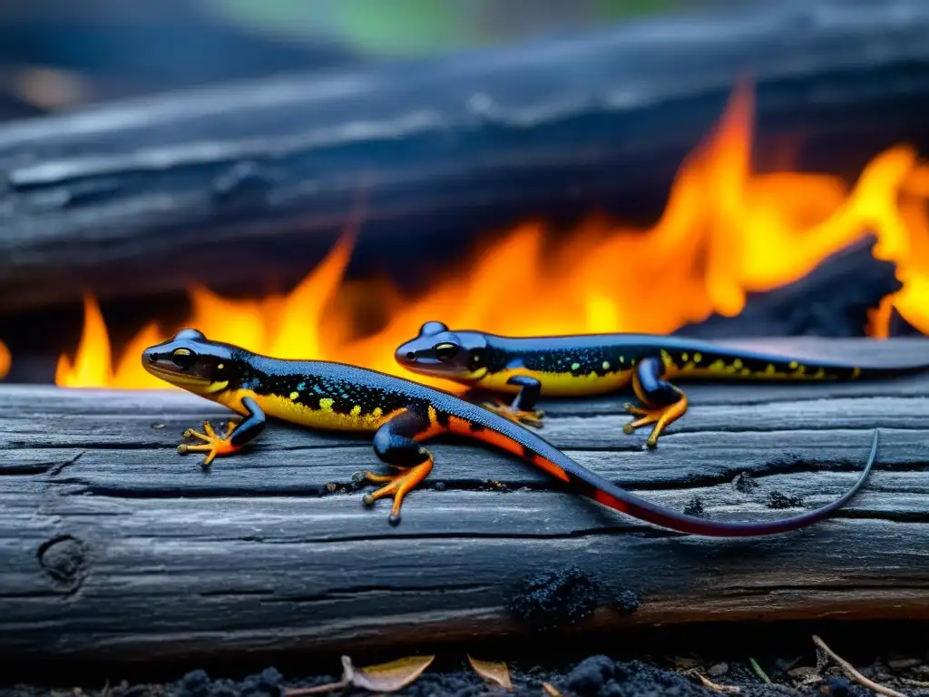 Un grupo de salamandras se refugia bajo un tronco caído en un bosque quemado, con humo en el fondo