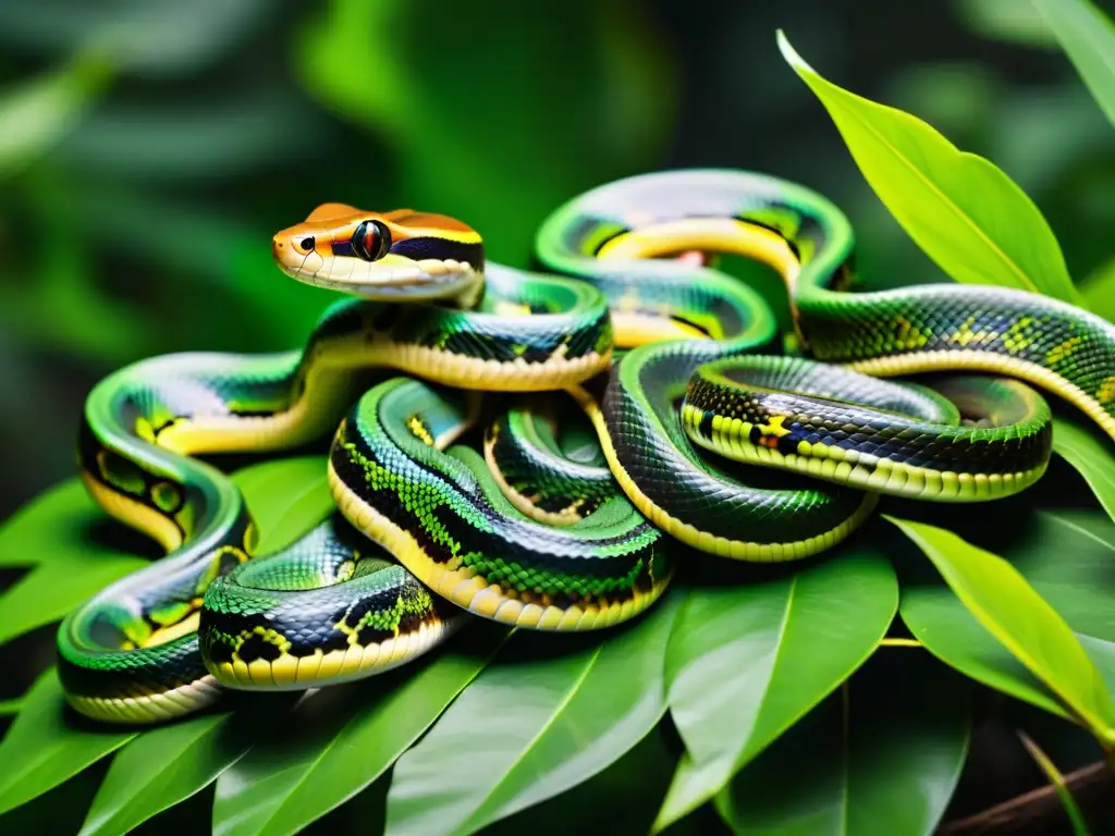 Un grupo de serpientes en su hábitat natural, deslizándose entre exuberante vegetación con patrones e colores vibrantes en sus escamas