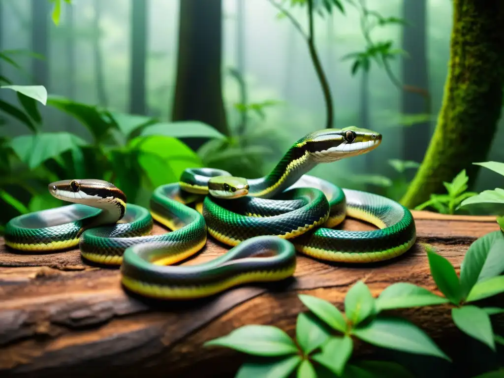 Un grupo de serpientes rehabilitadas se desliza entre la exuberante vegetación de un bosque, capturando el momento de su liberación