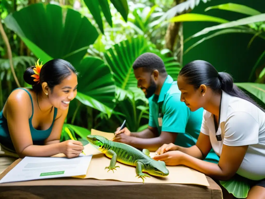 Grupo participando en talleres de conservación de reptiles en entorno tropical, mostrando pasión por proteger la biodiversidad