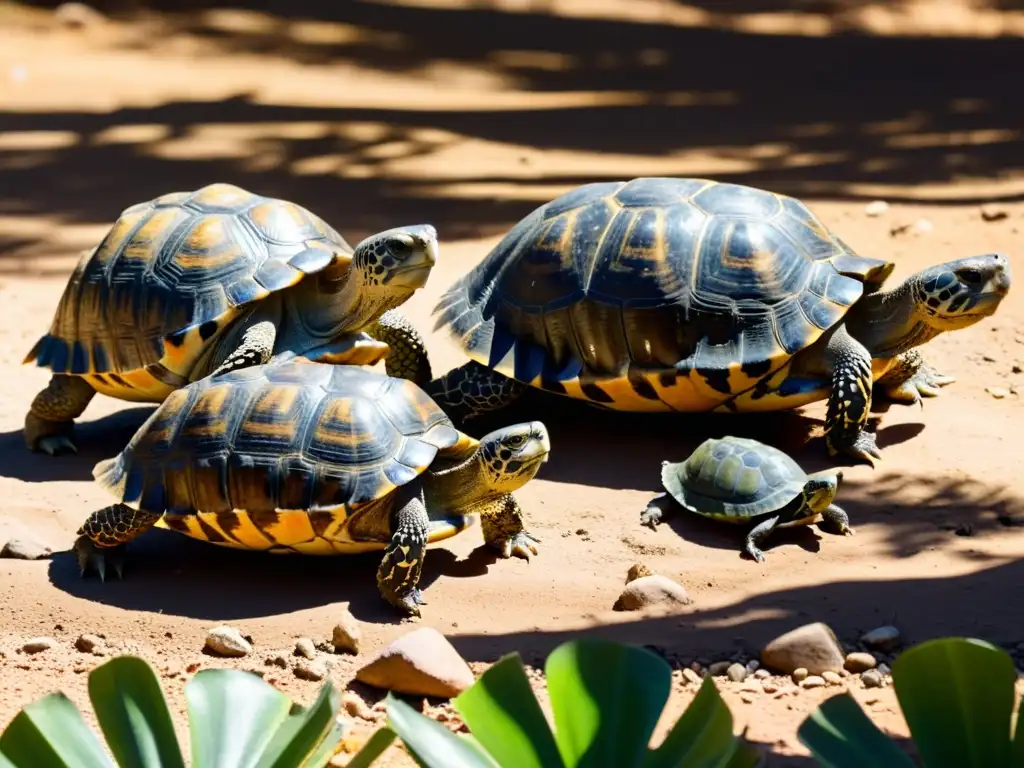 Reunión de tortugas en su hábitat natural: comunicación y socialización Un grupo de tortugas se reúne alrededor de un abrevadero en su hábitat natural, mostrando patrones de comunicación y socialización