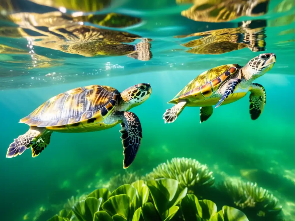 Un grupo de tortugas acuáticas nada elegantemente en aguas cristalinas, mostrando sus vibrantes colores y patrones