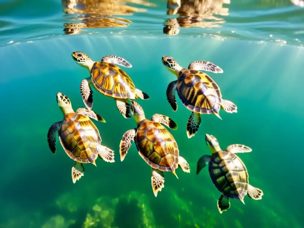 Un grupo de tortugas acuáticas nada con gracia en aguas claras, mostrando la importancia de las tortugas acuáticas en su hábitat natural