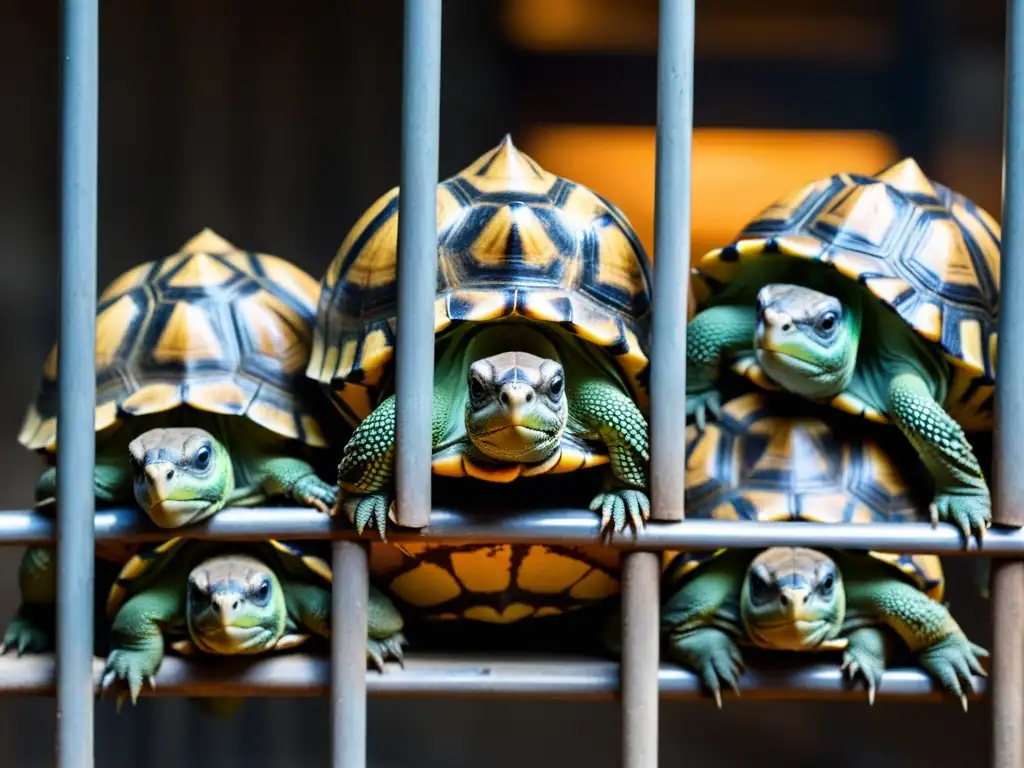 Un grupo de tortugas enjauladas en un mercado negro, reflejando el comercio ilegal tortugas protección