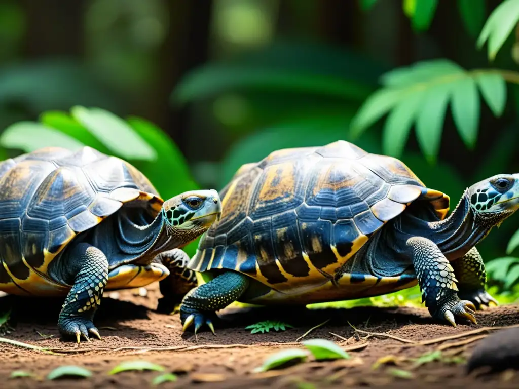 Un grupo de tortugas Galápagos migrando a través de un exuberante bosque lluvioso, destacando su resistencia al cambio climático