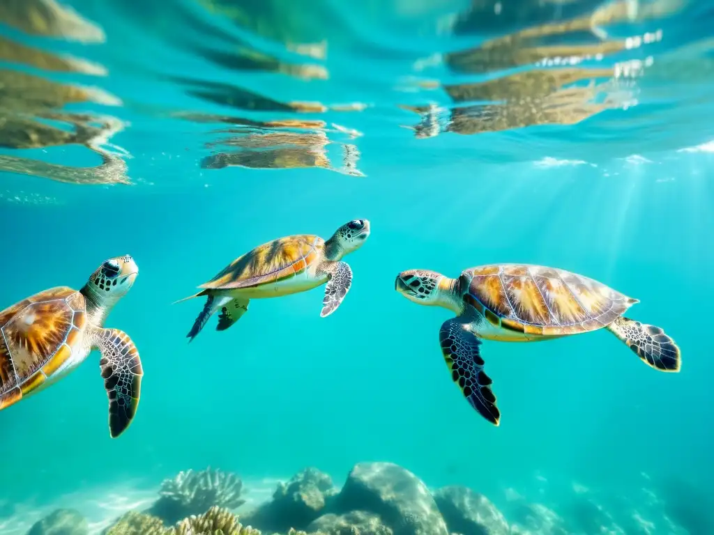 Grupo de tortugas marinas nadando en aguas cristalinas, evocando la belleza y tranquilidad de sus rutas migratorias en el mar