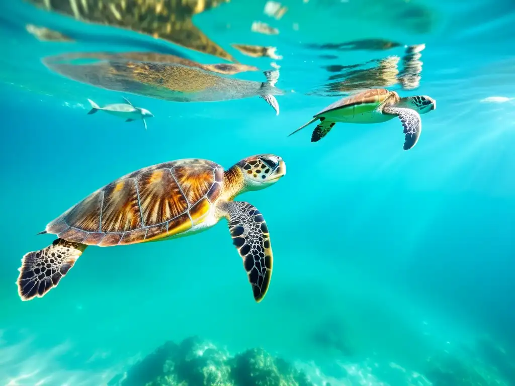 Gracia marina: tortugas nadando en aguas cristalinas Un grupo de tortugas marinas nada graciosamente en aguas turquesas, transmitiendo la conexión cultural de las tortugas con su entorno natural