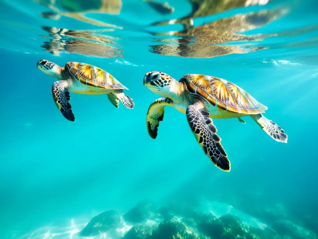 Gracia marina: Tortugas en aguas turquesas Grupo de tortugas marinas nadando en aguas turquesas cristalinas